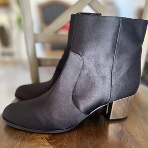 Black satin booties silver heel
